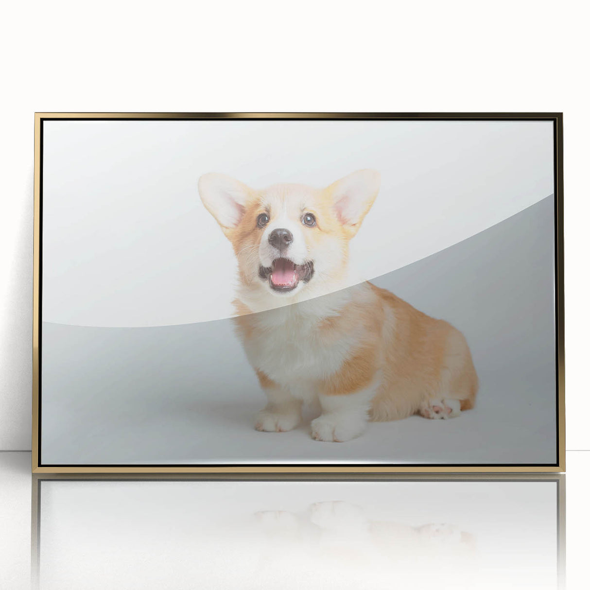 Framed acrylic wall art featuring a vibrant corgi design with gold accents, showcasing a playful corgi in a whimsical style, perfect for dog lovers and home decor enthusiasts.