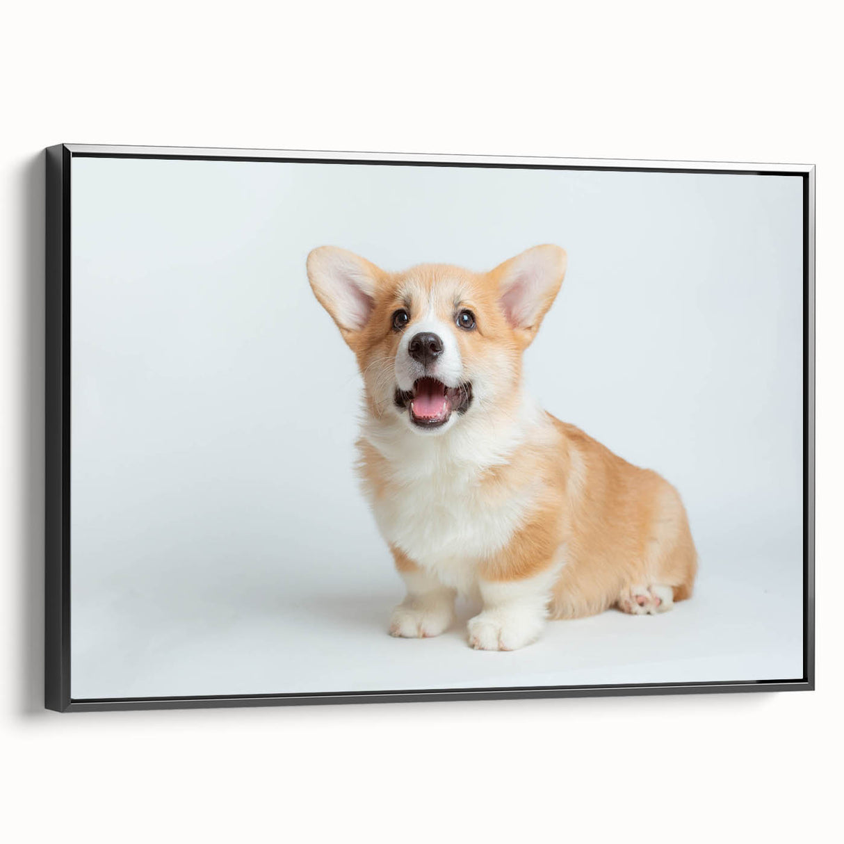 Framed wall art featuring a playful corgi design in a vibrant color palette, showcasing the dog’s joyful expression, perfect for pet lovers’ home decor.
