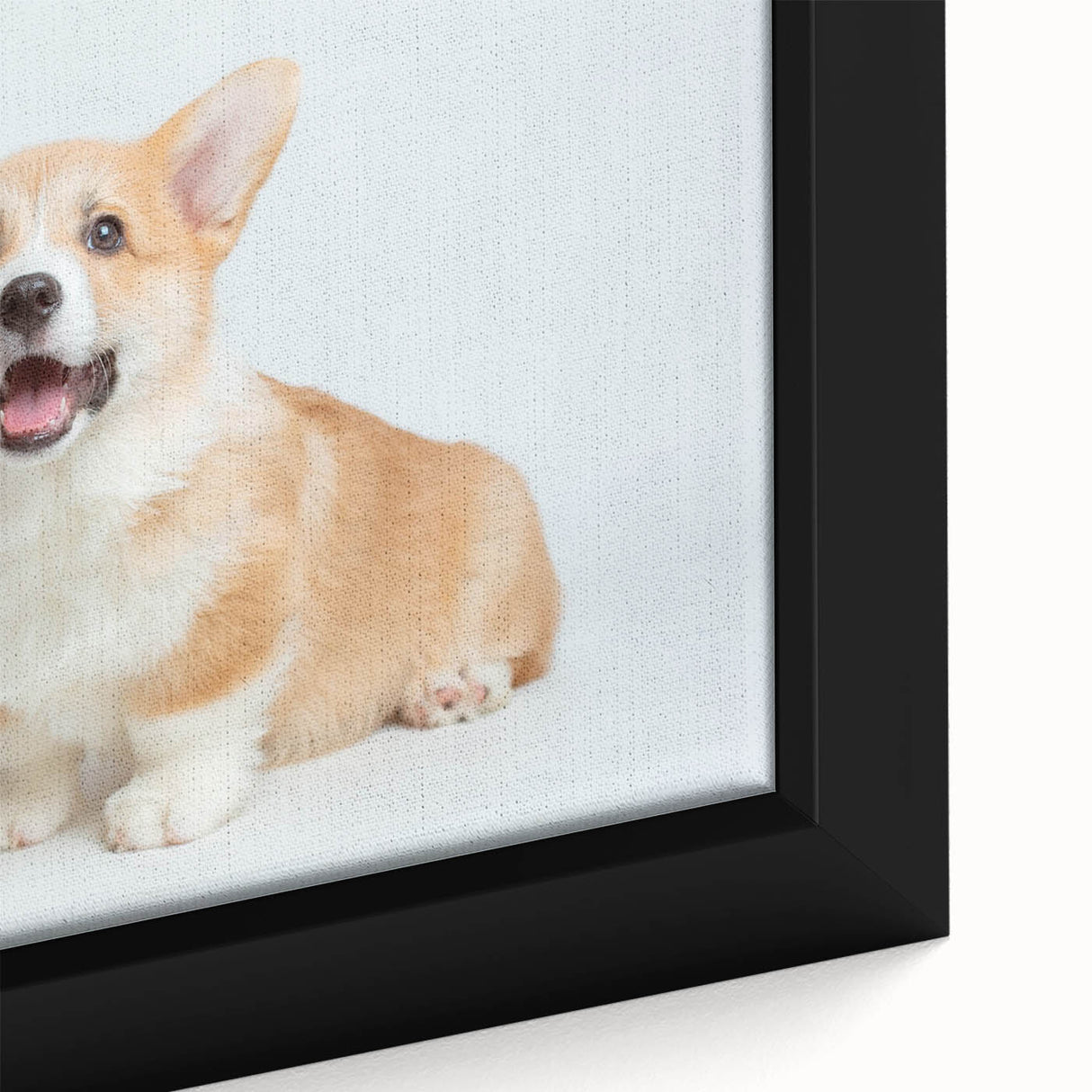 Close-up of a framed canvas wall art featuring a playful Corgi design with vibrant colors and intricate details, perfect for dog lovers and home decor enthusiasts.