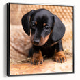 Framed wall art featuring a black and white Dachshund design, showcasing the dog in a stylized profile view, perfect for pet lovers and home decor.