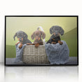 Framed wall art featuring a playful dachshund design in vibrant colors, set against a sleek black frame, perfect for dog lovers' home decor.