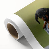 Dachshund-themed rolled canvas wall art showcasing vibrant colors and playful design, perfect for dog lovers. Ideal for home decor or gifts.