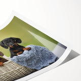 Dachshund-themed wall art print showcasing vibrant colors and a playful design, rolled for easy shipping, perfect for dog lovers and home decor enthusiasts.