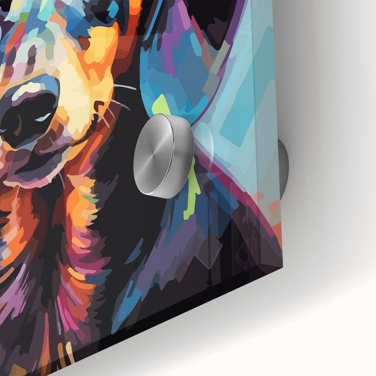 Close-up of a vibrant acrylic wall art piece featuring a playful dachshund design, showcasing rich colors and fine details, ideal for pet lovers' home decor.