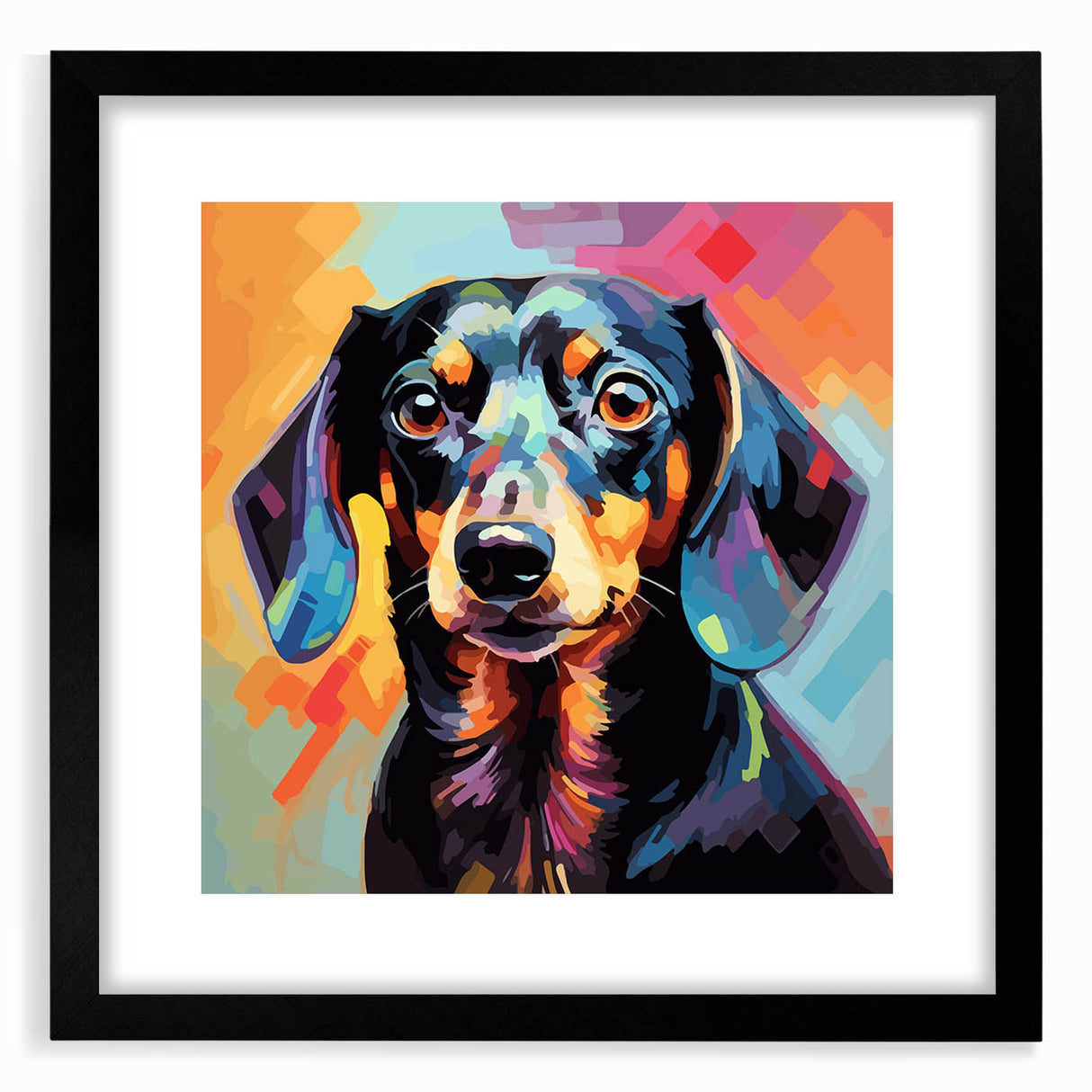 Dachshund wall art collection featuring a stylish black frame with mat, showcasing a whimsical design perfect for dog lovers and home decor enthusiasts.