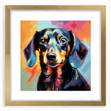 Dachshund wall art collection featuring a framed design with a gold mat, showcasing playful dachshund illustrations, ideal for dog lovers' home decor.