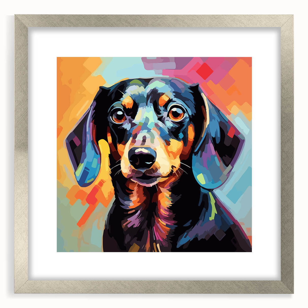Dachshund wall art collection framed in silver with a mat, showcasing playful dog designs against a light background, perfect for pet lovers' home decor.