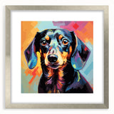 Dachshund wall art collection framed in silver with a mat, showcasing playful dog designs against a light background, perfect for pet lovers' home decor.
