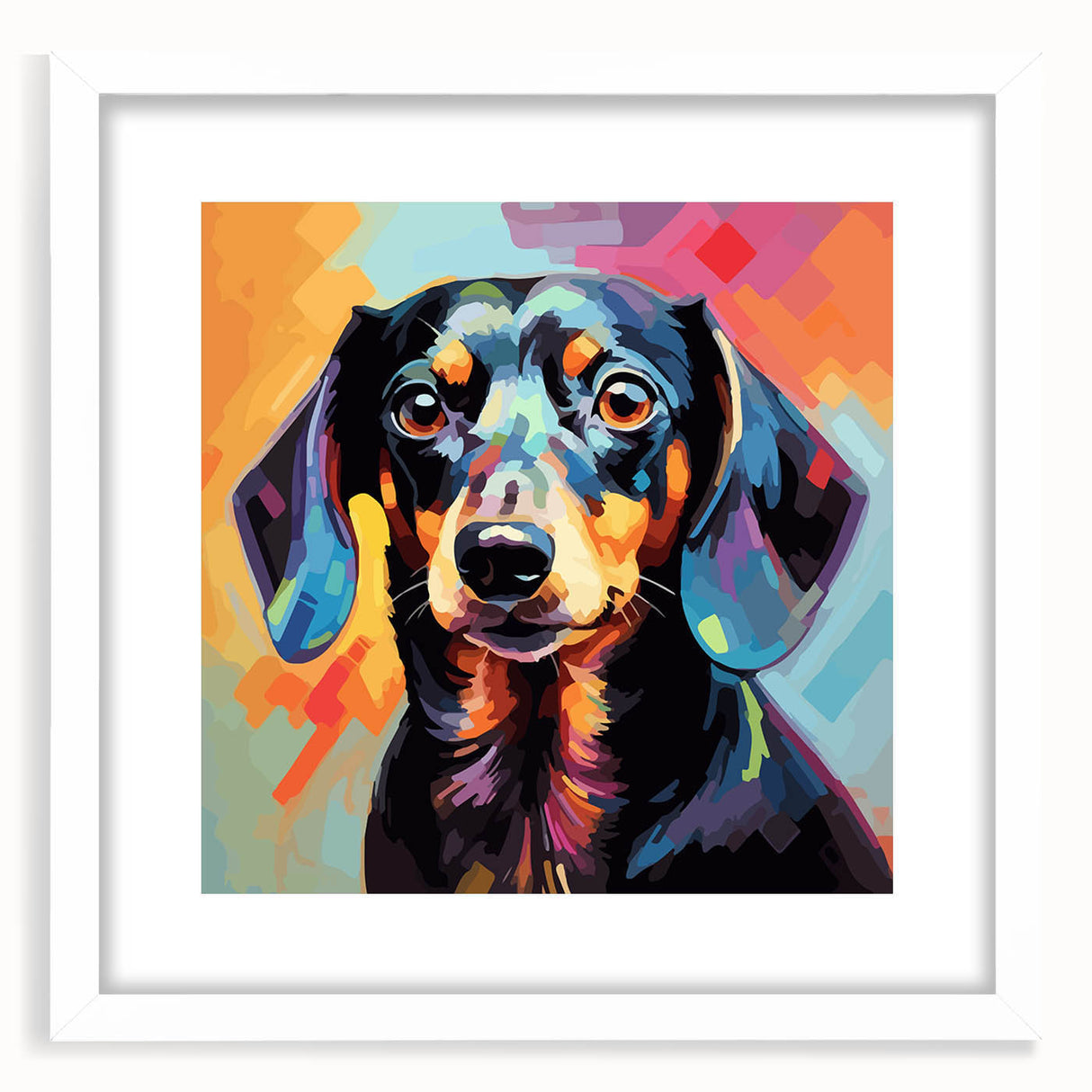 Dachshund wall art collection framed in white with mat, showcasing three playful dachshund illustrations against a minimalist background, perfect for dog lovers' decor.
