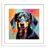 Dachshund wall art collection framed in white with mat, showcasing three playful dachshund illustrations against a minimalist background, perfect for dog lovers' decor.