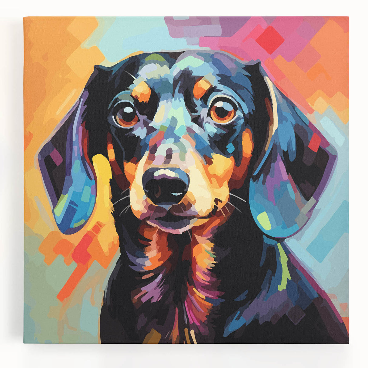 Dachshund-themed wall art collection displayed on stretched canvas, showcasing vibrant colors and playful dog designs, perfect for pet lovers' home decor.