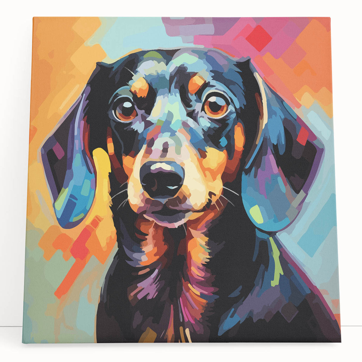 Stylish stretched canvas wall art featuring a playful Dachshund dog design, showcasing vibrant colors and whimsical details, perfect for home decor.