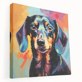 Stretched canvas wall art featuring a playful dachshund design in vibrant colors, showcasing the dog's side profile against a neutral background, perfect for pet lovers.