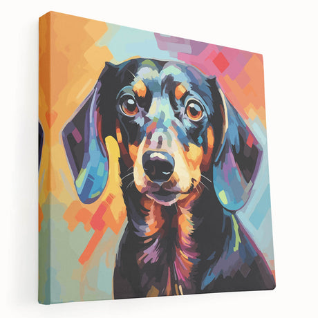 Stretched canvas wall art featuring a playful dachshund design in vibrant colors, showcasing the dog's side profile against a neutral background, perfect for pet lovers.