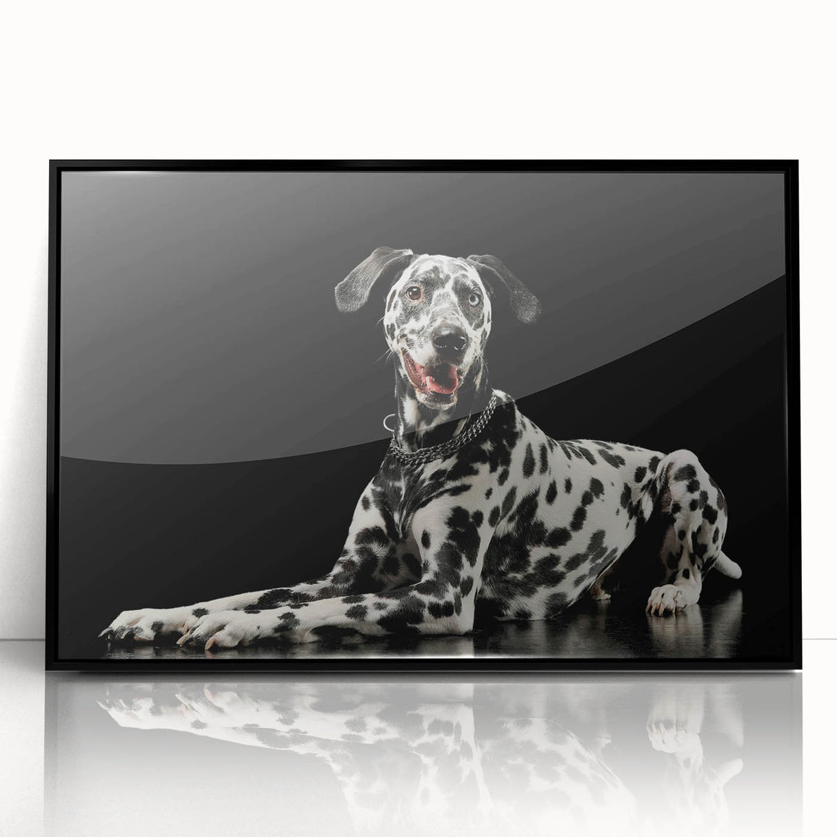 Framed wall art featuring a striking Dalmatian design in black and white, set against a sleek acrylic background, perfect for dog lovers and home decor enthusiasts.