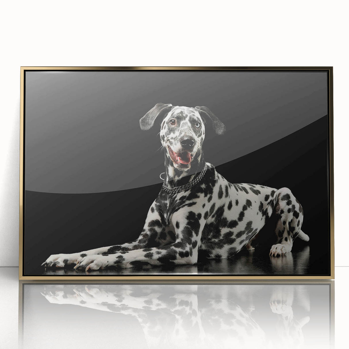 Framed wall art featuring a striking Dalmatian design, showcasing vibrant colors and intricate detailing, with a sleek gold frame enhancing its elegance.