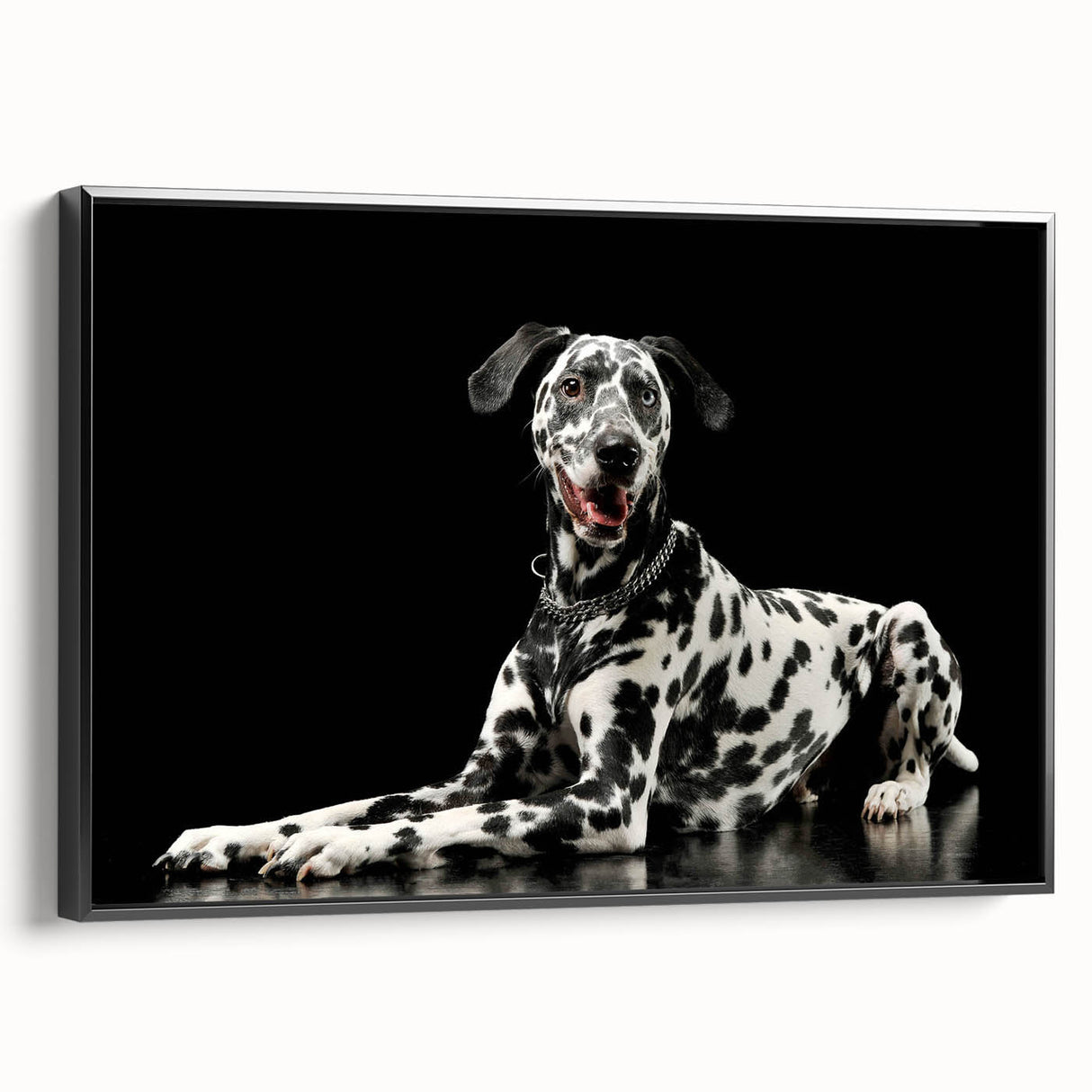 Framed wall art featuring a striking Dalmatian design on textured canvas, set in a stylish black frame, perfect for dog lovers and modern decor enthusiasts.