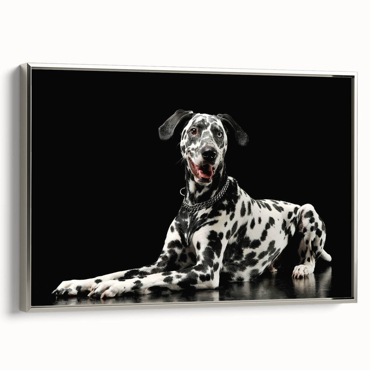 Framed canvas wall art showcasing a striking Dalmatian design with silver accents, ideal for dog lovers and modern home decor, viewed from the side.