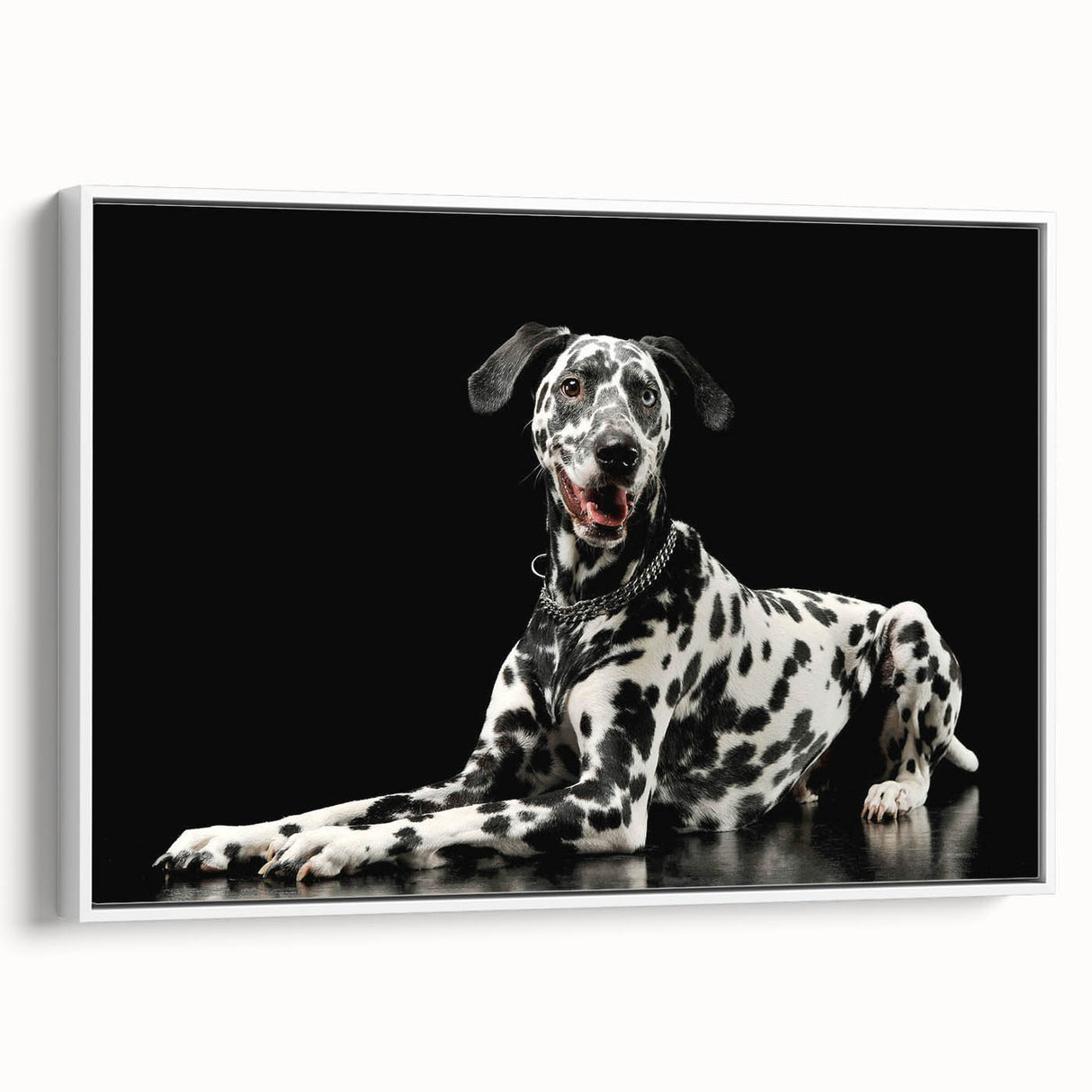 Framed wall art featuring a side view of a Dalmatian design on a white canvas, showcasing intricate black spots and a modern aesthetic, perfect for dog lovers.