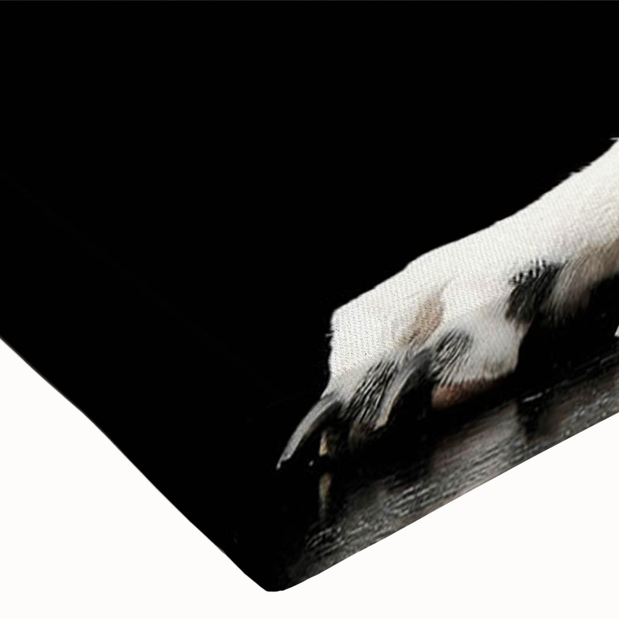 Close-up of a stretched canvas artwork featuring a vibrant Dalmatian design, showcasing detailed black spots on a white background, perfect for dog lovers' home decor.