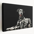 Stretched canvas wall art featuring a vibrant Dalmatian design, showcasing bold black and white spots against a neutral background, perfect for dog lovers' decor.
