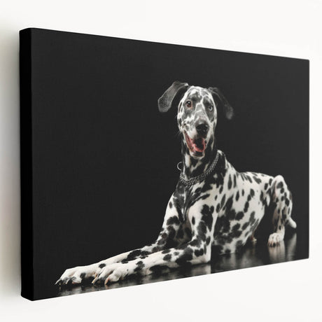 Stretched canvas wall art featuring a vibrant Dalmatian design, showcasing bold black and white spots against a neutral background, perfect for dog lovers' decor.