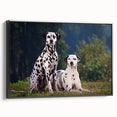 Framed canvas wall art featuring a stylish Dalmatian design in black and white, showcasing the dog’s unique spots and elegance, perfect for pet lovers' decor.