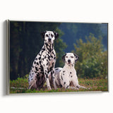 Framed wall art canvas featuring a stylish Dalmatian design in a silver frame, showcasing the dog in a playful pose against a minimalist background, perfect for pet lovers.