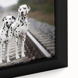 Close-up of a framed canvas wall art piece showcasing a vibrant Dalmatian design with intricate details, perfect for dog lovers and modern decor.