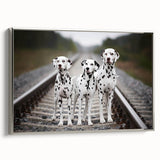 Framed wall art featuring a Dalmatian design on canvas, showcasing a silver frame and a side view perspective. Ideal for dog lovers and home decor enthusiasts.