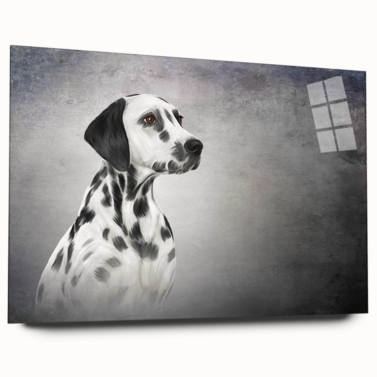 Dalmatian-themed wall art collection displayed in a side view, showcasing vibrant acrylic glass design with intricate details, perfect for dog lovers' décor.