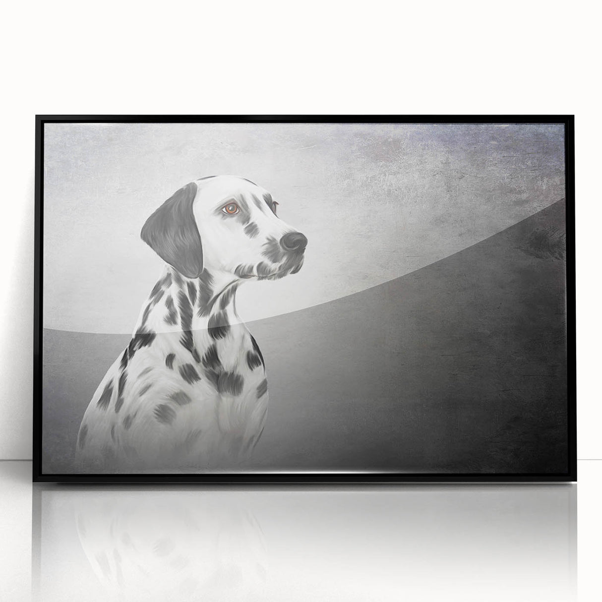 Framed acrylic wall art featuring a Dalmatian design, showcasing a striking black and white color scheme. Perfect for dog lovers and modern home decor, this piece adds a stylish touch to any room.