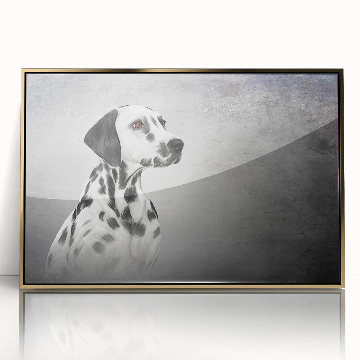 Framed wall art featuring a striking Dalmatian design on acrylic with a gold frame, showcasing vibrant colors and intricate details, perfect for dog lovers.