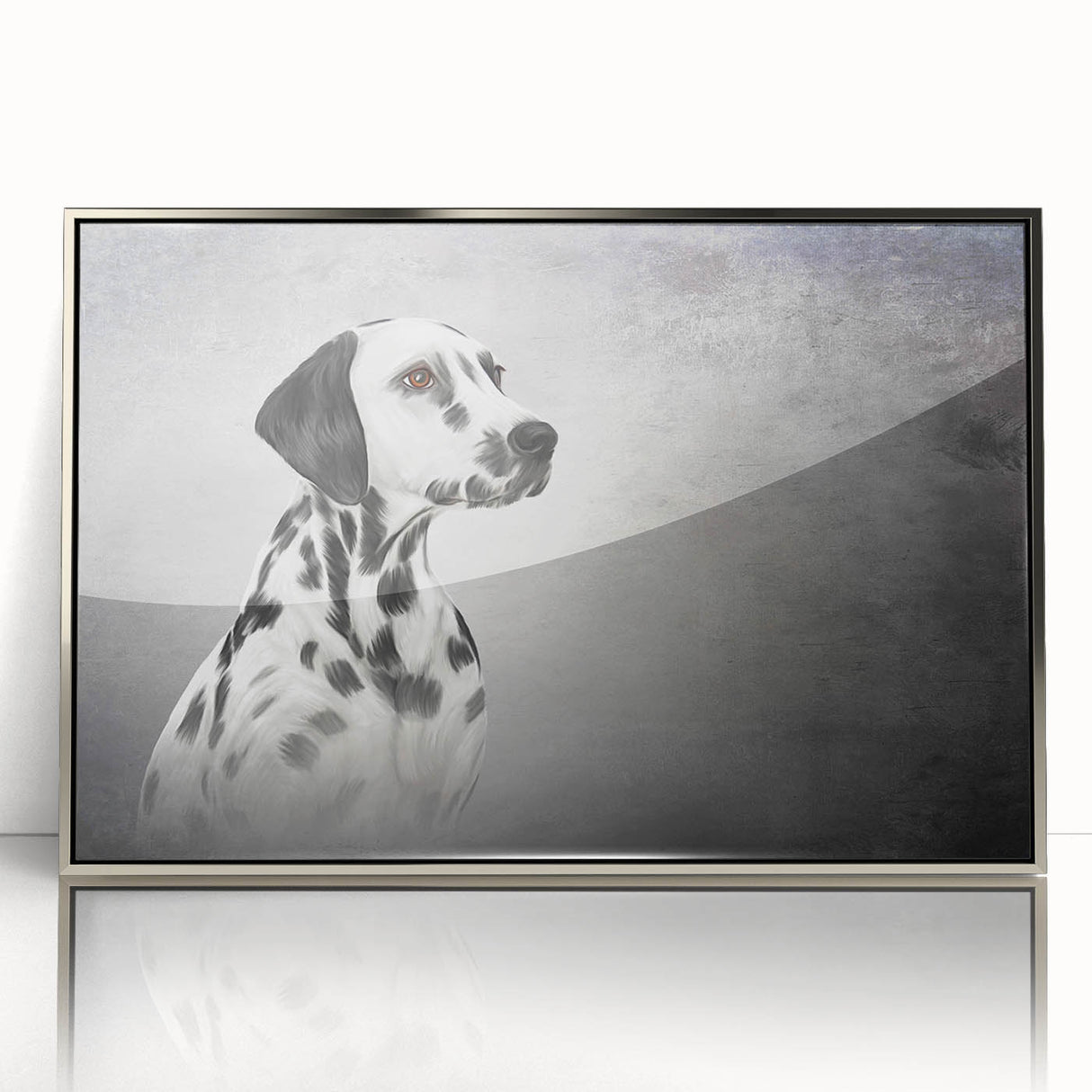 Framed acrylic wall art featuring a striking Dalmatian design against a silver background, showcasing vibrant colors and fine details, perfect for dog lovers.