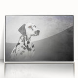 Framed wall art featuring a vibrant Dalmatian design on a white background, showcasing the dog’s distinctive black spots, perfect for pet lovers and home decor enthusiasts.