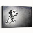 Framed canvas wall art showcasing a striking Dalmatian design in black and white, presented from a side view, perfect for dog lovers and modern decor enthusiasts.