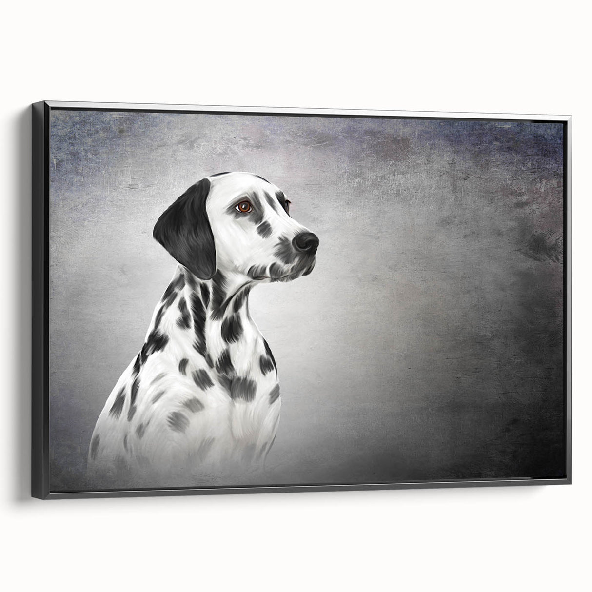 Framed canvas wall art showcasing a striking Dalmatian design in black and white, presented from a side view, perfect for dog lovers and modern decor enthusiasts.
