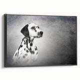 Framed canvas wall art showcasing a striking Dalmatian design in black and white, presented from a side view, perfect for dog lovers and modern decor enthusiasts.