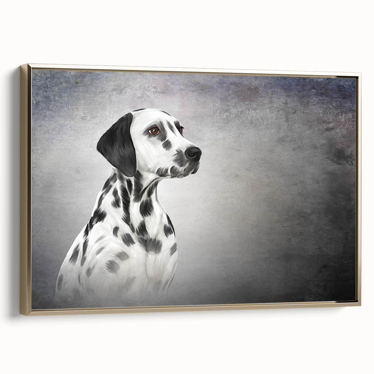Framed wall art featuring a stylish Dalmatian design on canvas, highlighting intricate details and a gold frame, perfect for pet lovers' home decor.