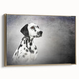 Framed wall art featuring a stylish Dalmatian design on canvas, highlighting intricate details and a gold frame, perfect for pet lovers' home decor.