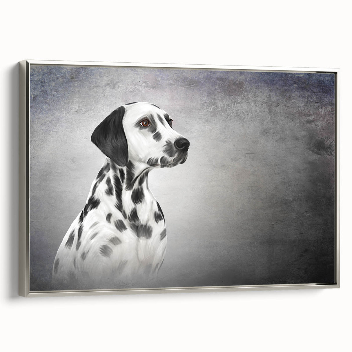 Framed canvas wall art showcasing a striking Dalmatian design, featuring a sleek silver frame and vibrant colors, perfect for dog lovers and modern decor.