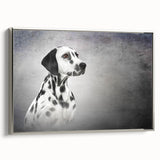 Framed canvas wall art showcasing a striking Dalmatian design, featuring a sleek silver frame and vibrant colors, perfect for dog lovers and modern decor.