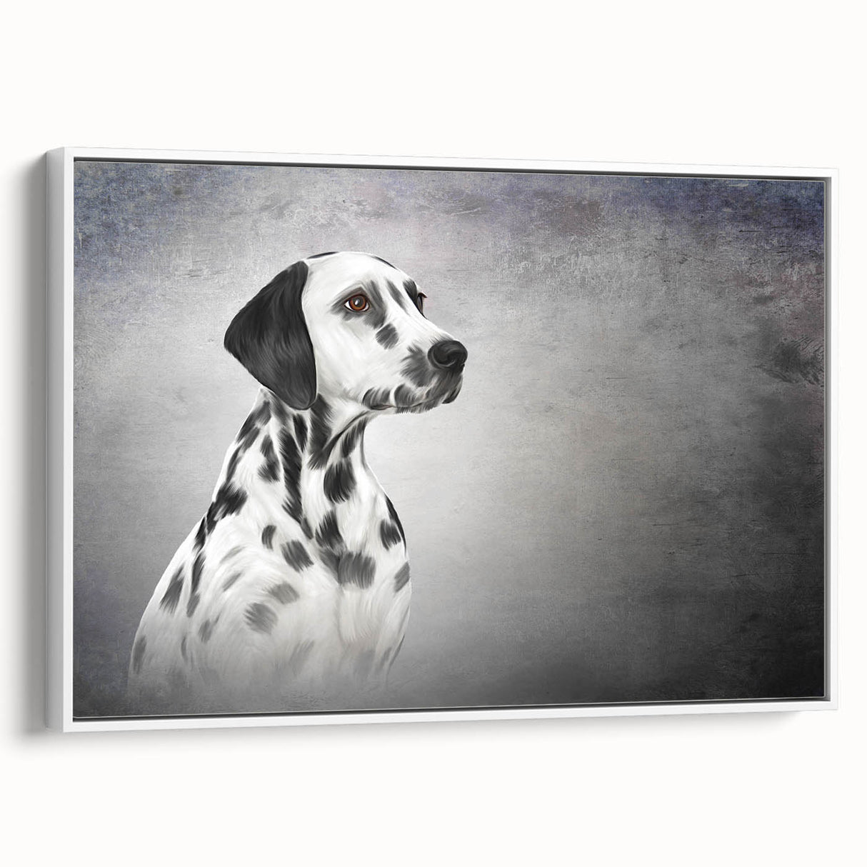 Framed canvas wall art featuring a striking Dalmatian design, showcasing the dog's distinctive black spots on a white background, perfect for modern home decor.