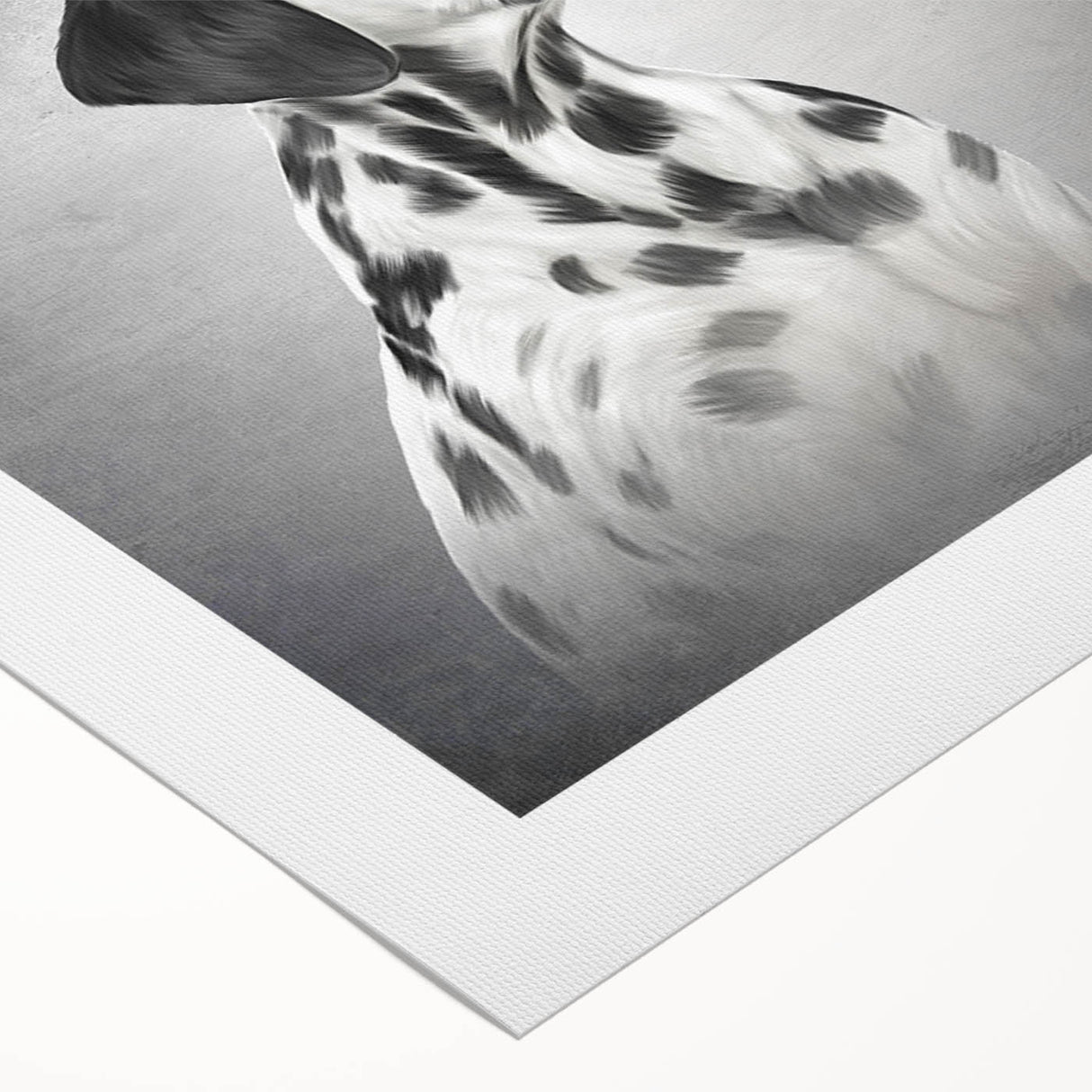 Dalmatian wall art design on rolled canvas, showcasing a playful dog in a vibrant, colorful illustration. Ideal for pet lovers and home decor enthusiasts.
