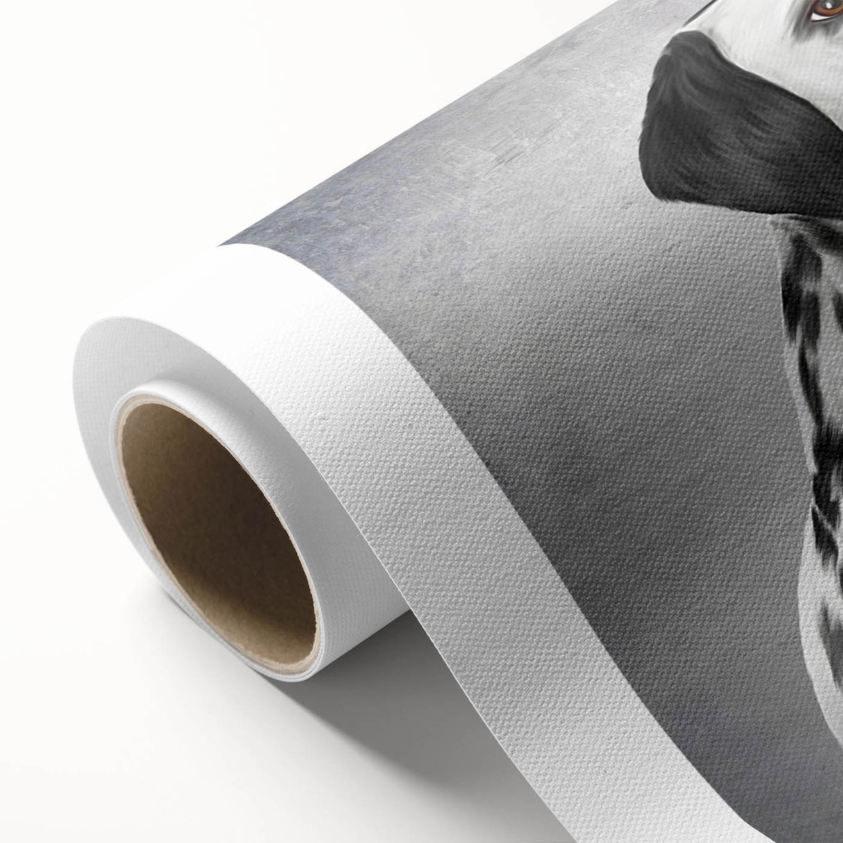 Rolled canvas wall art showcasing a vibrant Dalmatian design with bold colors, ideal for pet lovers; packaged securely in a protective cardboard tube for delivery.