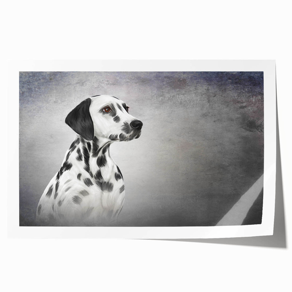 Dalmatian-themed wall art print showcasing a playful dog design on a vibrant background, rolled and ready for framing, perfect for pet lovers' home decor.