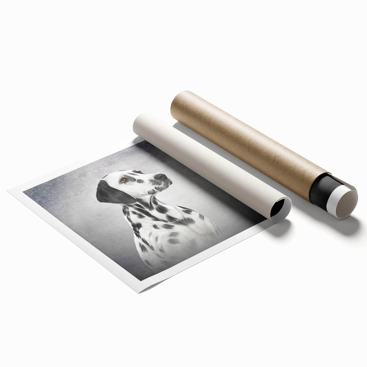Dalmatian dog wall art print featuring a vibrant design with bold colors and intricate details, rolled and ready for framing, showcasing playful canine imagery.