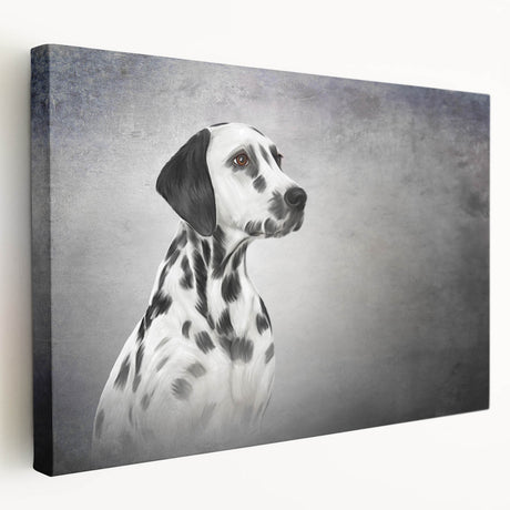 Stretched canvas wall art showcasing a striking Dalmatian design, featuring bold black and white spots, ideal for dog lovers and modern decor.