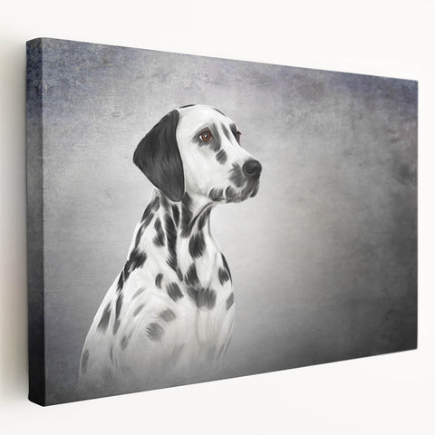 Stretched canvas wall art showcasing a striking Dalmatian design, featuring bold black and white spots, ideal for dog lovers and modern decor.