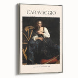Vintage poster art of Caravaggio's design on a framed canvas, featuring vibrant colors on a black background.
